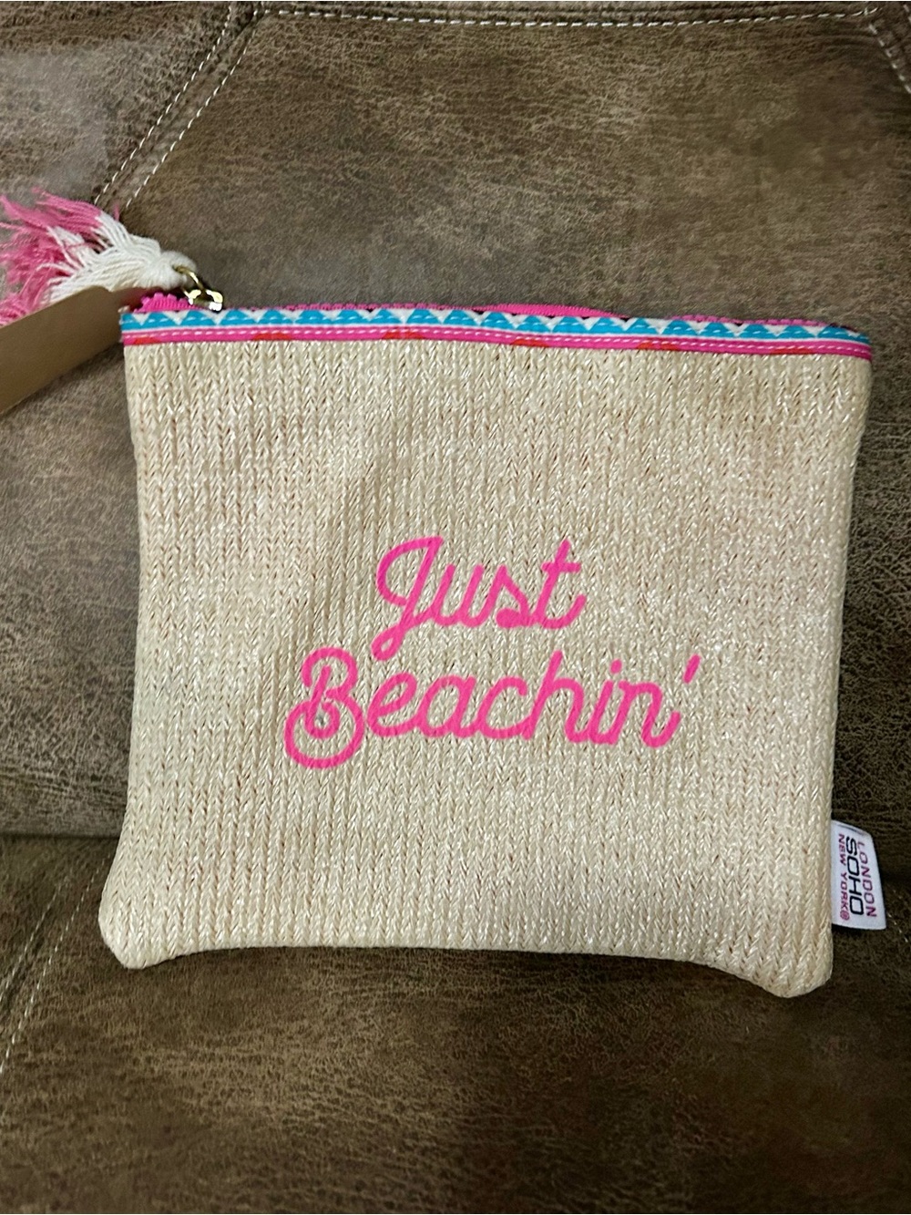 Just Beachin' Beige Cosmetic Pouch with Pink Accent